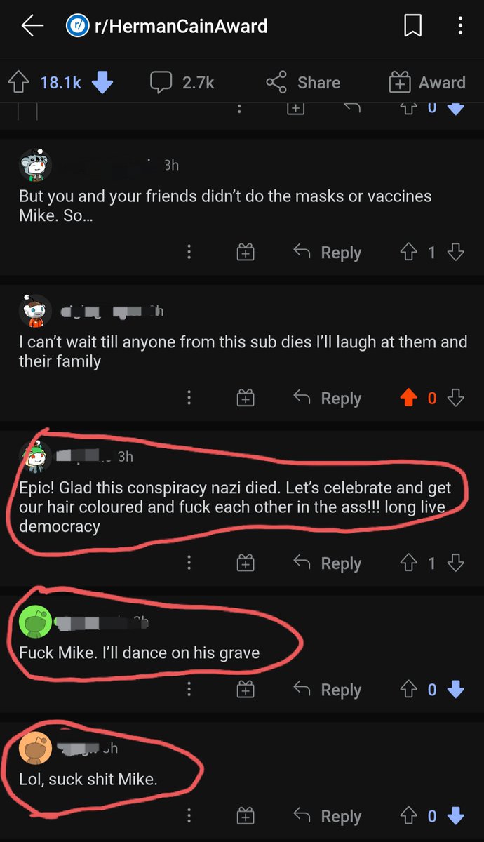 hedginator's tweet photo. @Timcast 

These are responses from different reddit users on the r/hermancainaward subreddit displaying their joy that an unvaccinated man died of covid. #tolerantleft https://t.co/rmBsFRTbAN