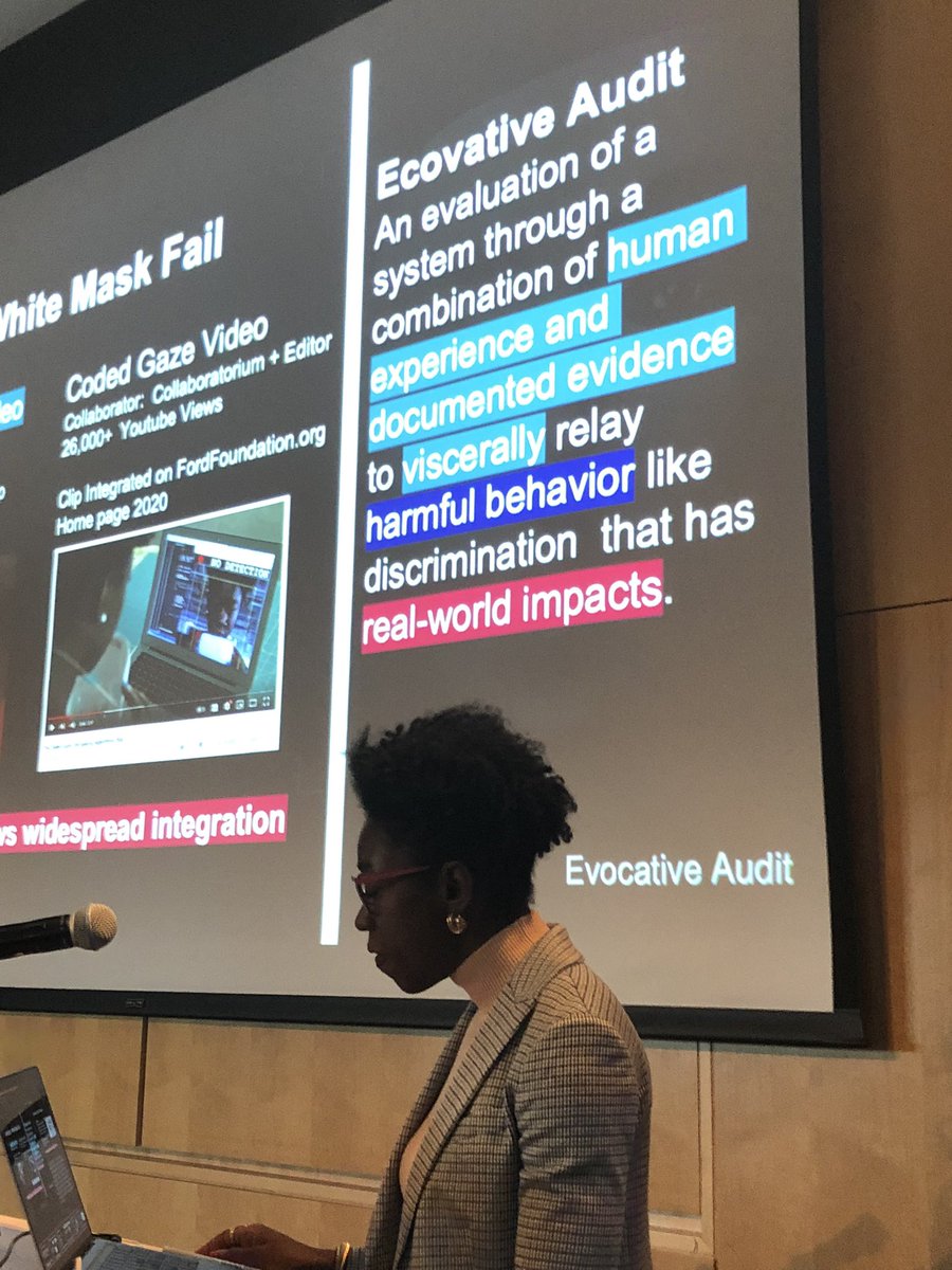 Joy Buolamwini (<a href="/jovialjoy/">Dr. Joy Buolamwini</a>) is brilliantly defending her dissertation at <a href="/medialab/">MIT Media Lab</a>. Her work makes the case that systemic social science audits benefit from being paired with evocative audits that use art and performance to show personal impacts of algorithmic bias.