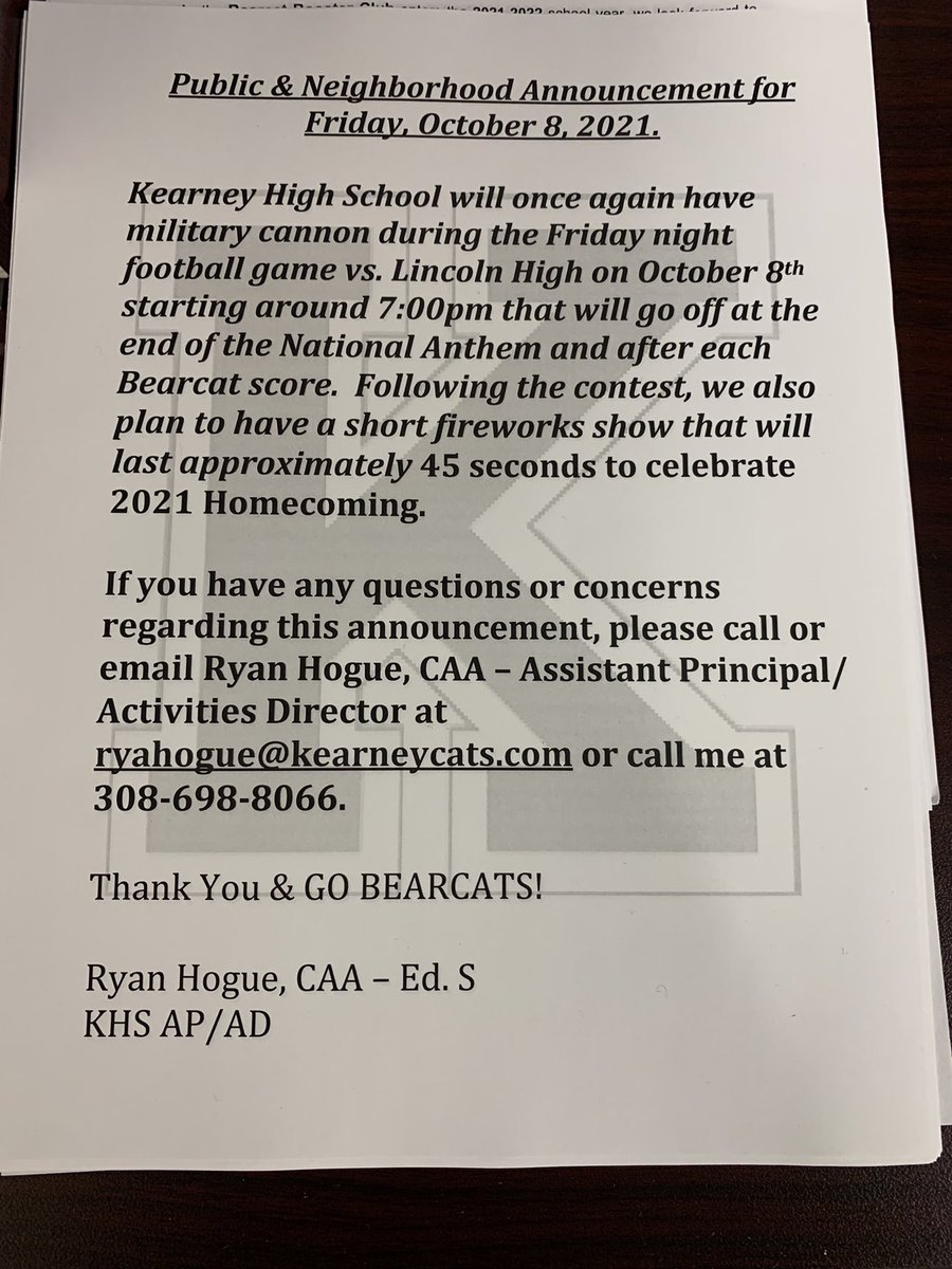 ryanhogue24's tweet photo. FYI BEARCAT NATION &amp; Residents Around UNK. 
The following activities will be taking place Friday night at the KHS vs LHS football game at UNK. @KHSBoosterClub @KHSRowdies @KearneyHigh @bearcatbands https://t.co/EyuxPiyZX1