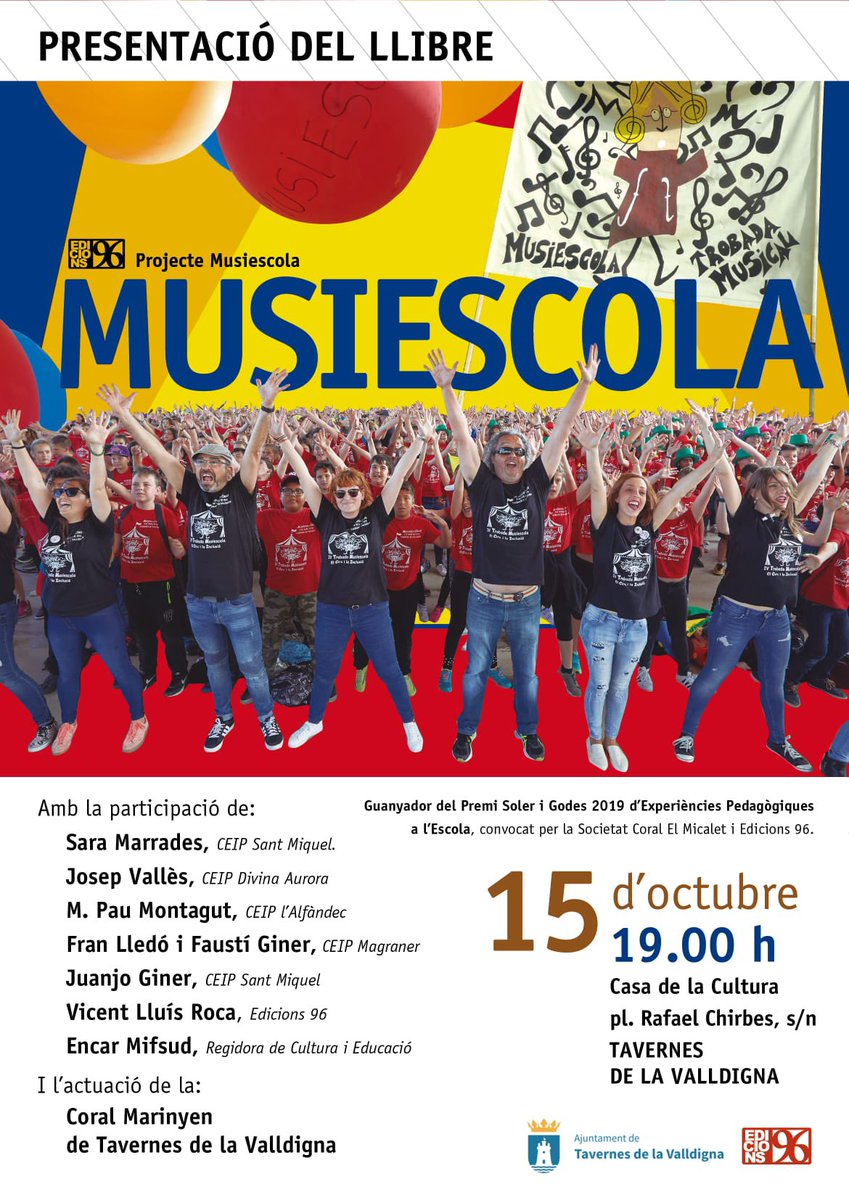 musiescola's tweet photo. Divendres 15 d’octubre presentem el nostre llibre editat per @Edicions96 i guanyador dels premi Soler i Godes d’ @elmicaletsc a la Casa de cultura de @AjunTavernesV Ens hi acompanyeu? https://t.co/55SgcFDPTQ