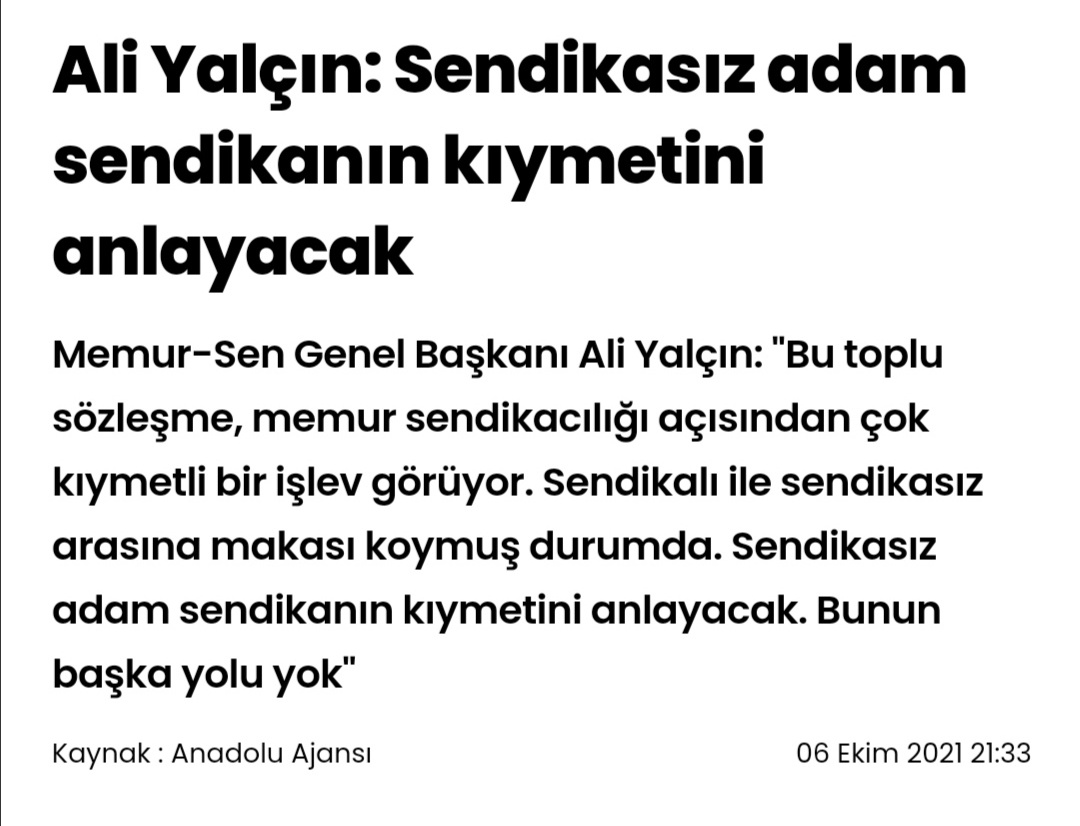 Şimdi biz bu açıklamanın neresini eleştirelim?
Adam diyerek olaylara cinsiyetçi yaklaşmasını mı, toplu sözleşmede memuru satıp paçayı kurtarmaya çalışmasını mı, hiçbir sendikal argümanı olmadığı için sendika rüşveti ile ortalıkta dolanmasını mı, hangisini?
<a href="/_aliyalcin_/">Ali YALÇIN</a>