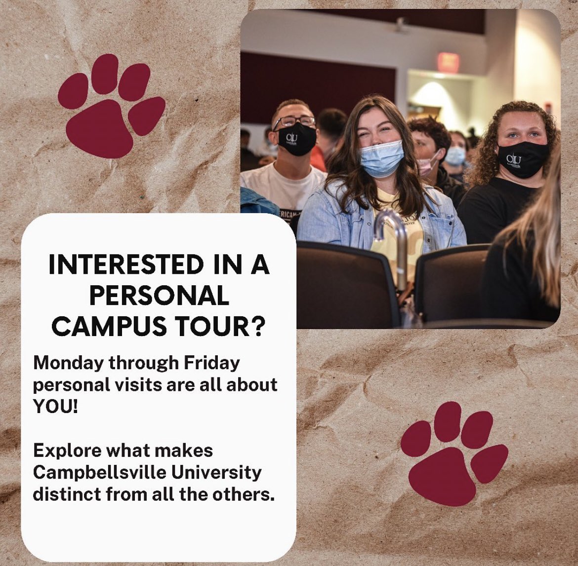 Admissions_CU's tweet image. Personal campus visits are available Monday - Friday! You will tour campus and talk with an Enrollment Counselor. We can even set you up with professors and coaches! Sign up today at campbellsville.edu.