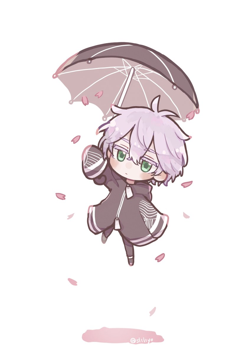 1boy green eyes male focus umbrella chibi solo holding  illustration images