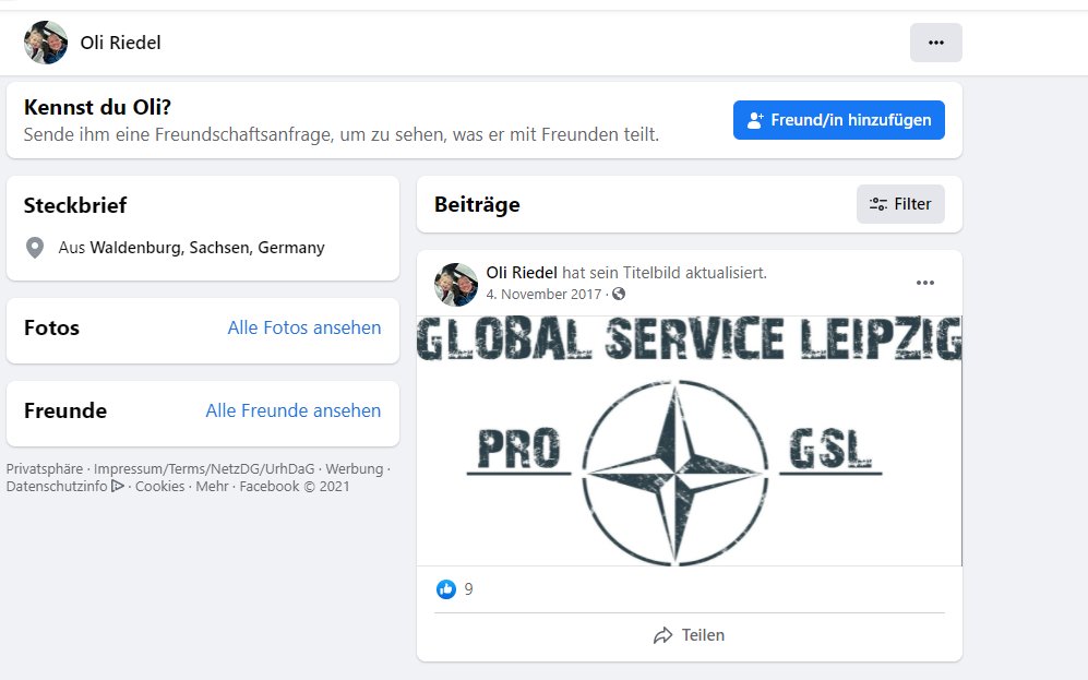 SvenIsHell's tweet photo. "PRO GSL Security"-Riedel hat jetzt sein FB-Profil dicht gemacht, da war vorhin noch mehr zu sehen.
#westin #le0510 #Sachsen #noafd #Leipzig #recherche https://t.co/lPxeGEOJYd