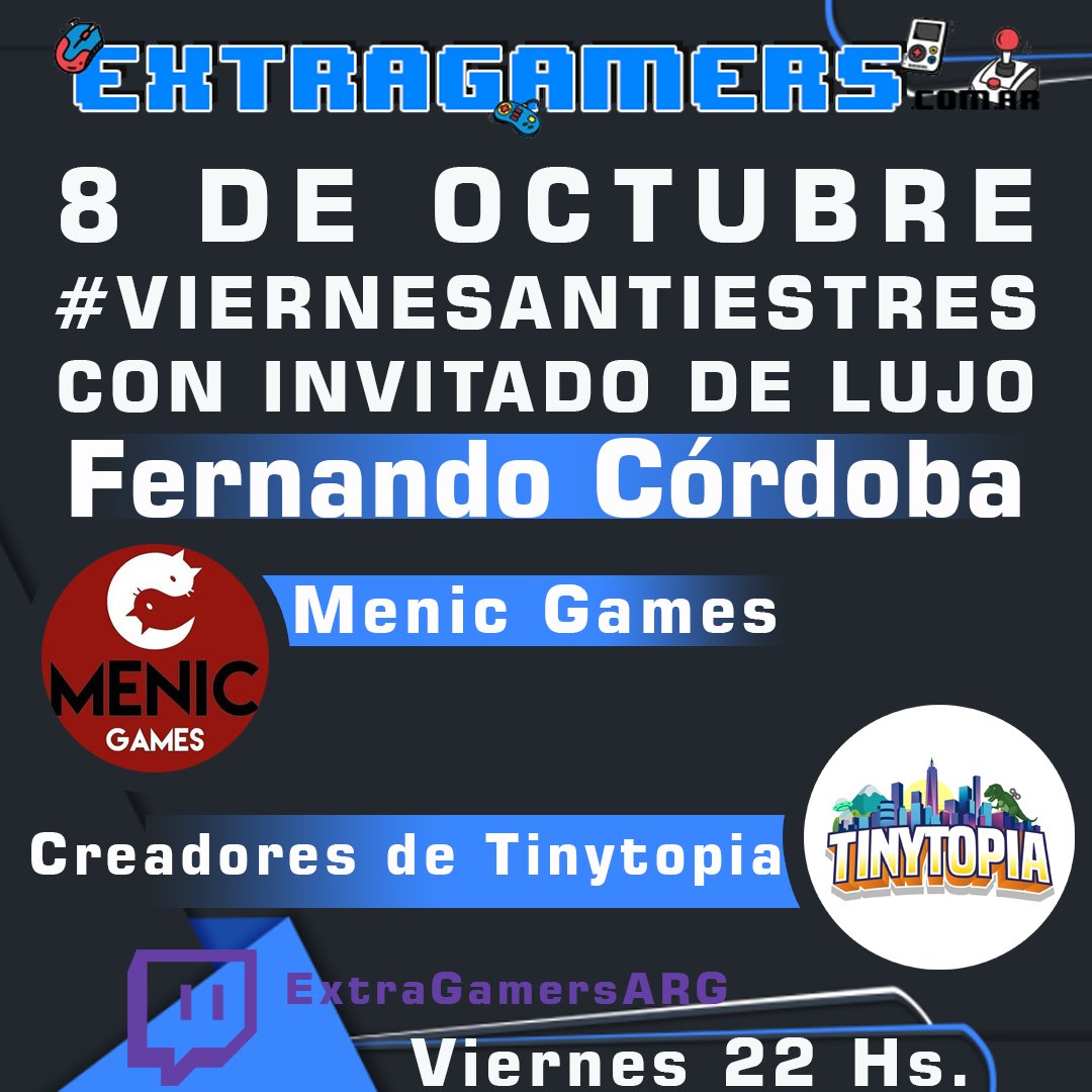 extragamersarg's tweet photo. 🔴 Tenemos buenas noticias! Este viernes volvemos con los #ViernesAntiEstres 👏🏼👏🏼👏🏼

➡️ @leandropapotto y @DavidPalacioEg van a estar charlando con Fernando Córdoba de @MenicGames creadores de #Tinytopia

🕙 Te esperamos a las 22 Hs

📺 Por nuestros canales de YouTube y Twitch https://t.co/4Z5zzhVuTw