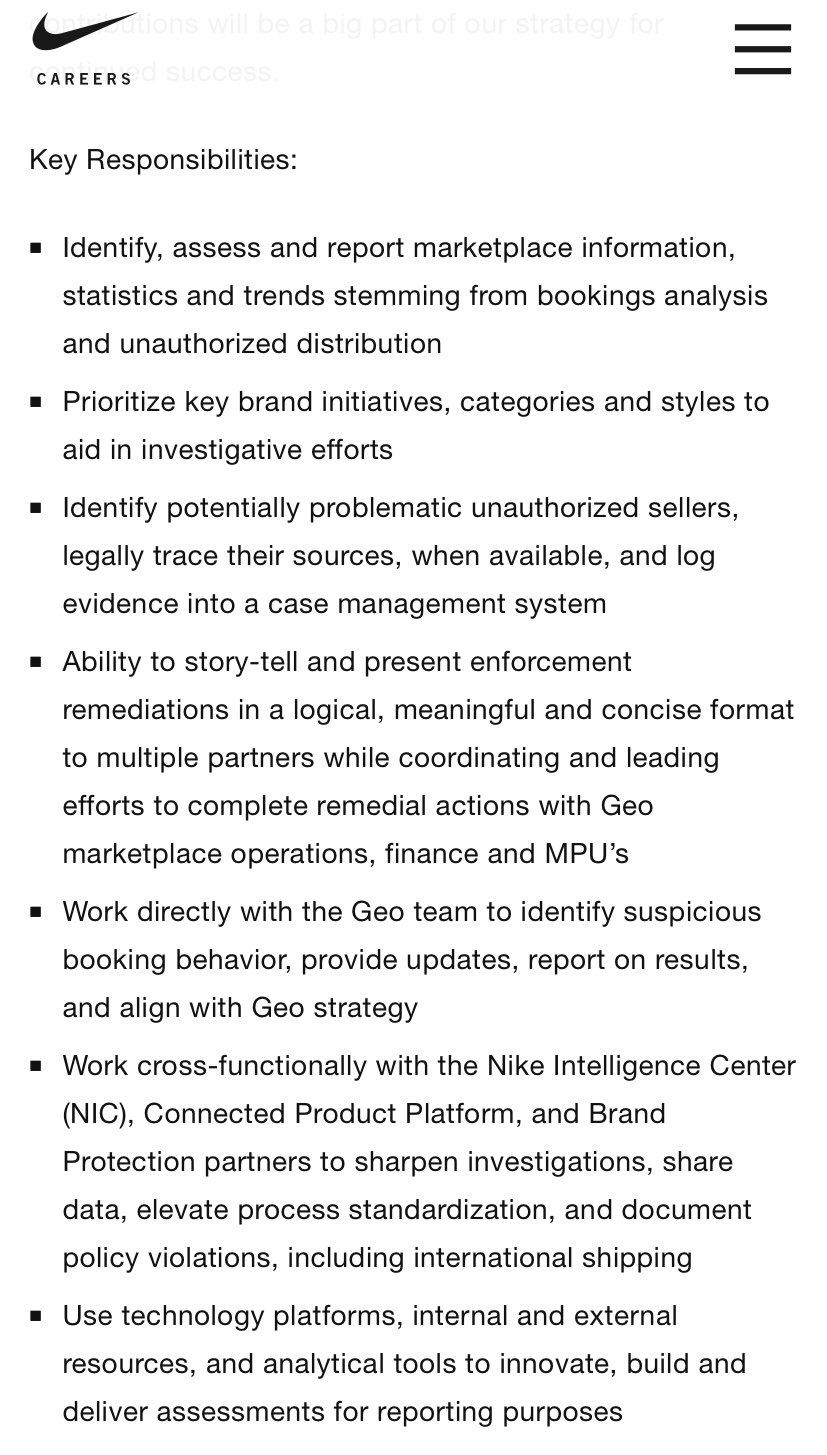 brendandunne on Twitter: "Interesting Nike job opening here for “grey market analyst.” Description mentions working on investigations unauthorized https://t.co/wqsZpjAJNx https://t.co/kKt5h0rwDK" Twitter