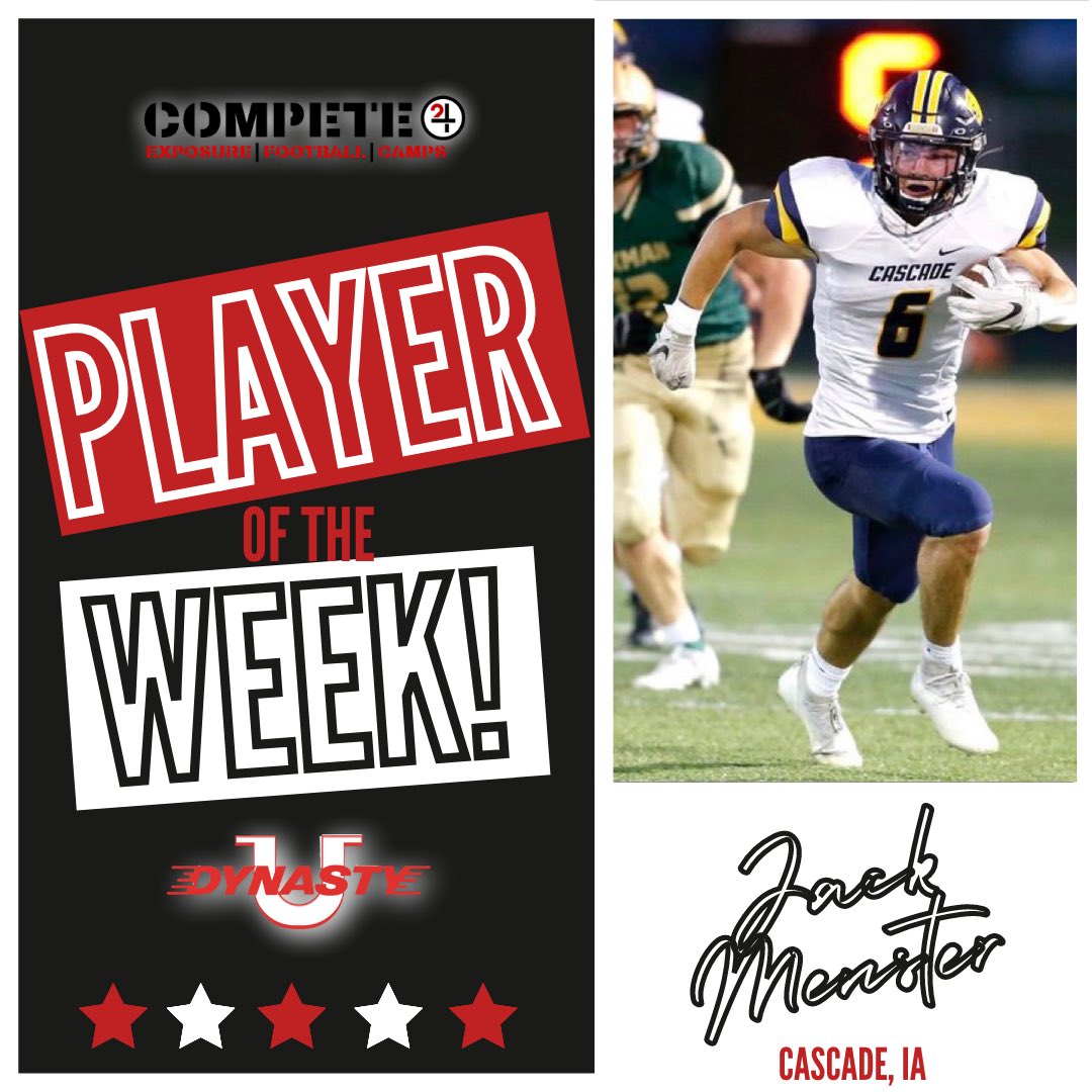 Compete24_'s tweet photo. We are excited to announce our 5⭐️ players of the week! @DynastyUrec 

Offense: RB @jmenster123 of @CascadeCougsFB (IA)
253 yards Rushing and 6 TDs!

Defense: DB/ATH @miller_rl of @SHCathletics (CA) 
Stats: 10 Tackles, 1 pick 6 &amp; 75 rec yards

Congrats to both players!
#compete https://t.co/DtCoB6Mblf