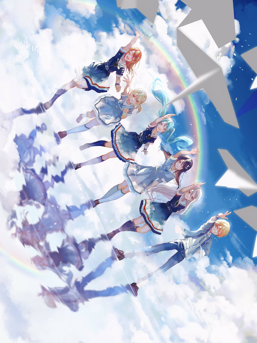 hatsune miku reflection multiple girls sky twintails dress cloud socks  illustration images