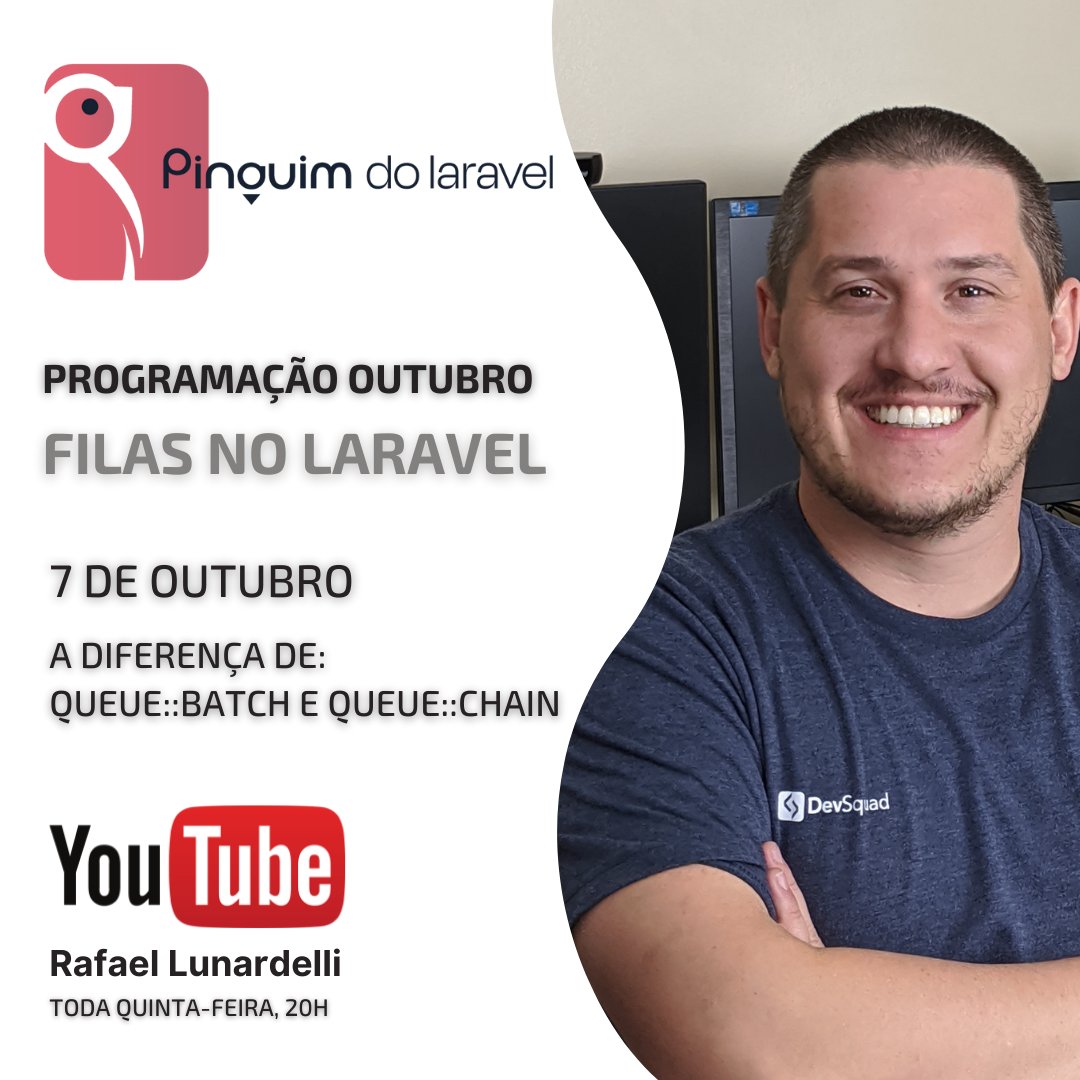 devsquadbr's tweet photo. Rafael Lunardelli, nosso CTO, está com um canal no Youtube chamado Pinguim do Laravel.

Toda quinta-feira, 20h, tem vídeo novo!

Laravel, Laravel e Laravel.

Nesta quinta: a diferen��a de Queue::batch e Queue::chain
 https://t.co/zQV6pMmBPi

#laravel #php @r2luna https://t.co/joBqr1voAn