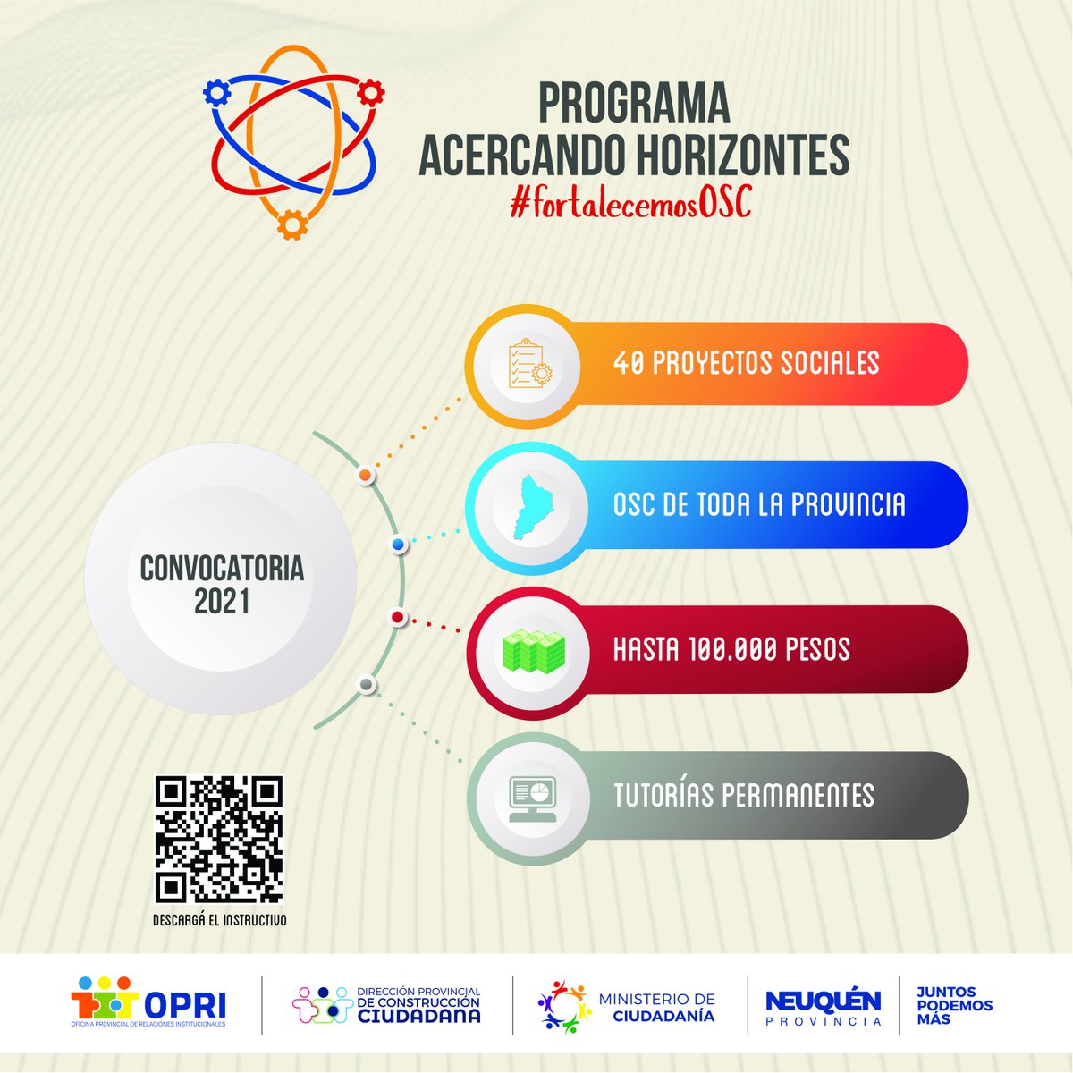 Mañana abrimos la convocatoria para que las OSC de la provincia presenten sus proyectos sociales en el programa Acercando Horizontes. Desde la página opri.ciudadanianqn.gob.ar/acercandohoriz… podrán descargar el instructivo que contiene toda la información necesaria para participar del programa.