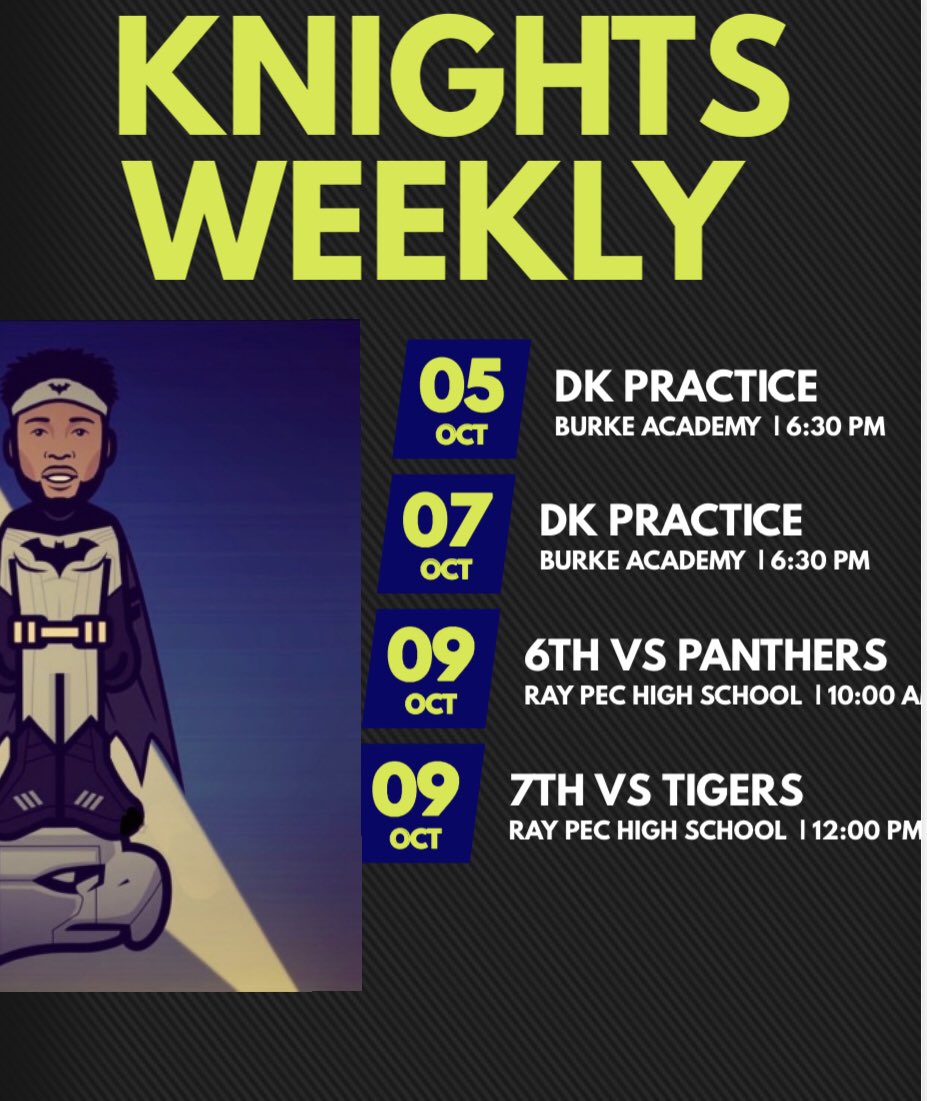 KCDarkknightsFB's tweet photo. KNIGHTS WEEKLY…Plus the 6th Grade Knights league schedule thus far. 5-0 for the league 7-0 on the season. (GOT SOME TOUGH OPPS IN THE POST SEASON FOR SURE) #Cantwait #weready #knightup #knightwork #youthfootball #fortheloveofthegame @BrunoDaKid @Slab_Juda @CoachDev4 #LETSGETIT https://t.co/fVUFeYl0Dr