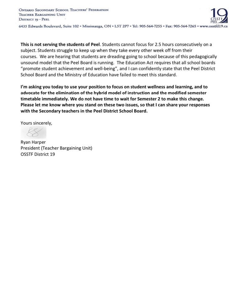 ICYMI: Here’s our press release from earlier today, including the letter that we sent to Trustees, MPPs and the PDSB Supervisor. Keep sending us your letters about the fractured hybrid model and modified semesters, and check out #NoHybridNo150 for more!