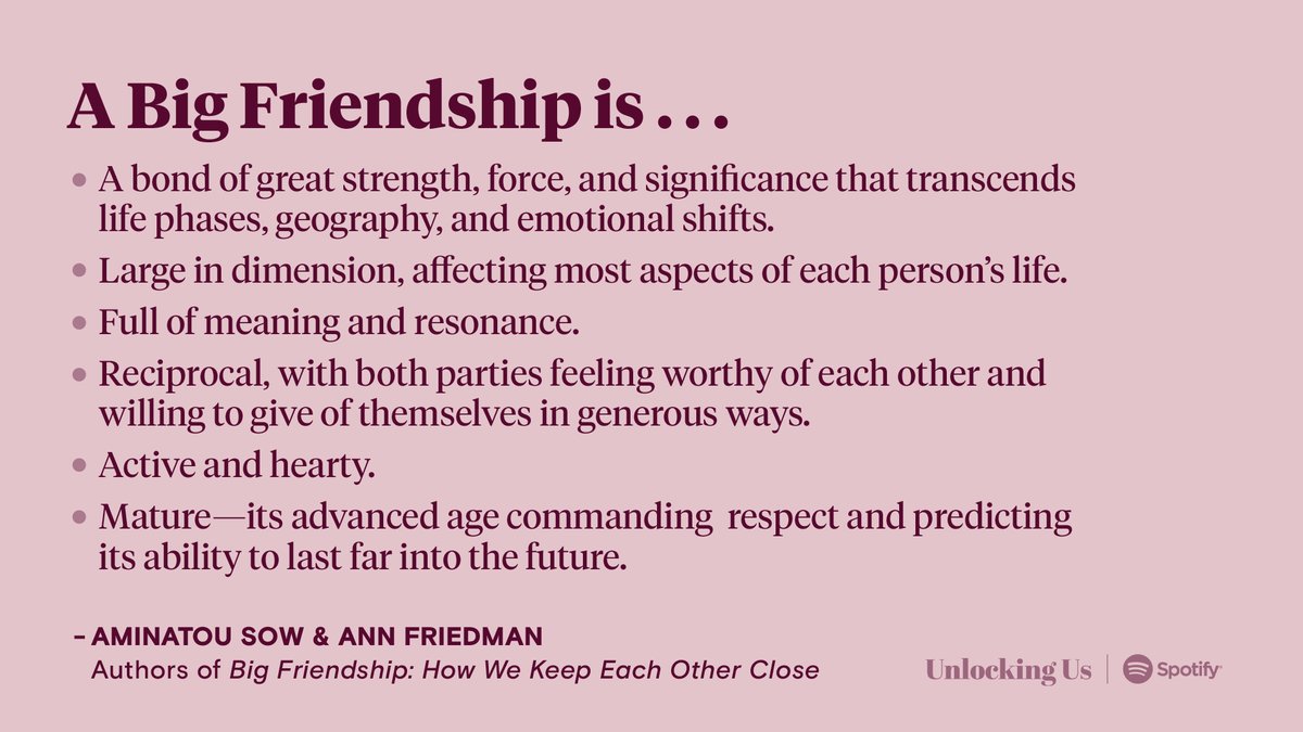 BreneBrown's tweet photo. Despite what we see on TV, building meaningful, friendships requires hard work. No one makes a stronger case for the payoff of this work than the authors of “Big Friendship,” @aminatou and @annfriedman. Loved talking to them on today’s “Unlocking Us.” https://t.co/WLcD6klAZ7 https://t.co/4MJAyxCb8P