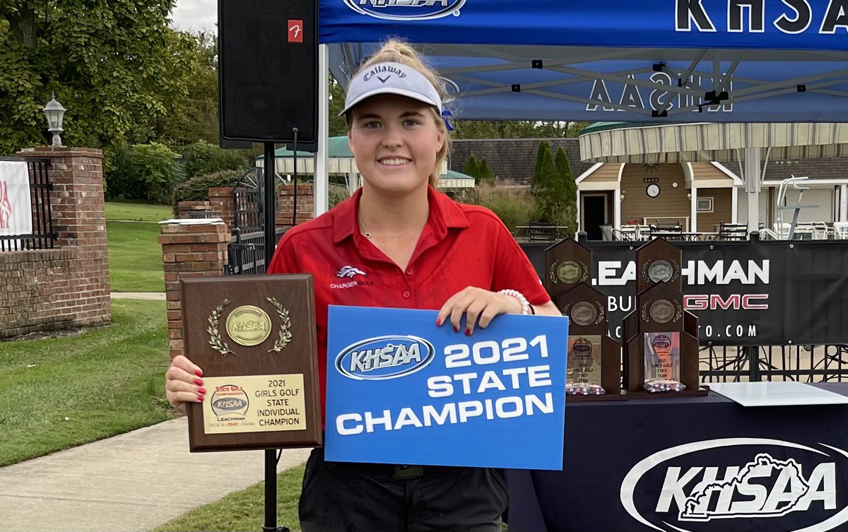 KHSAA's tweet photo. Congratulations to Macie Brown of Bullitt East, 2021 Leachman Buick•GMC•Cadillac/KHSAA Girls’ Golf State Individual Champion with a three-under par score of 141 (72-69)

#khsgf https://t.co/qvoF8x4TrN