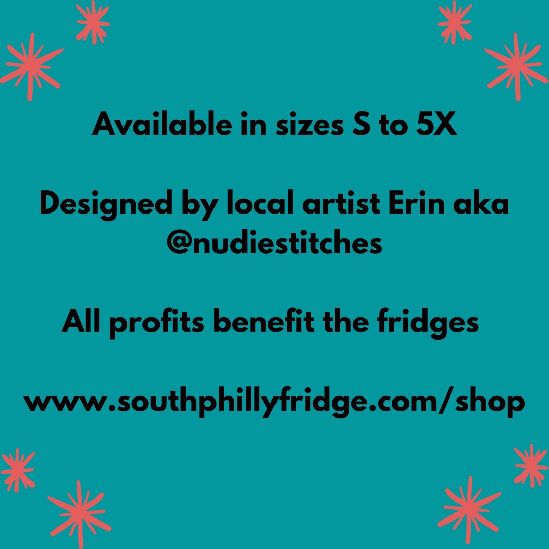 get your South Philly Community Fridge shirt or sweatshirt on our website! Available in sizes S to 5X and designed by Philly artist @nudiestitches . All profits benefit the fridges. Check it out at the top link in our link tree or at southphillyfridge.com/shop 💓