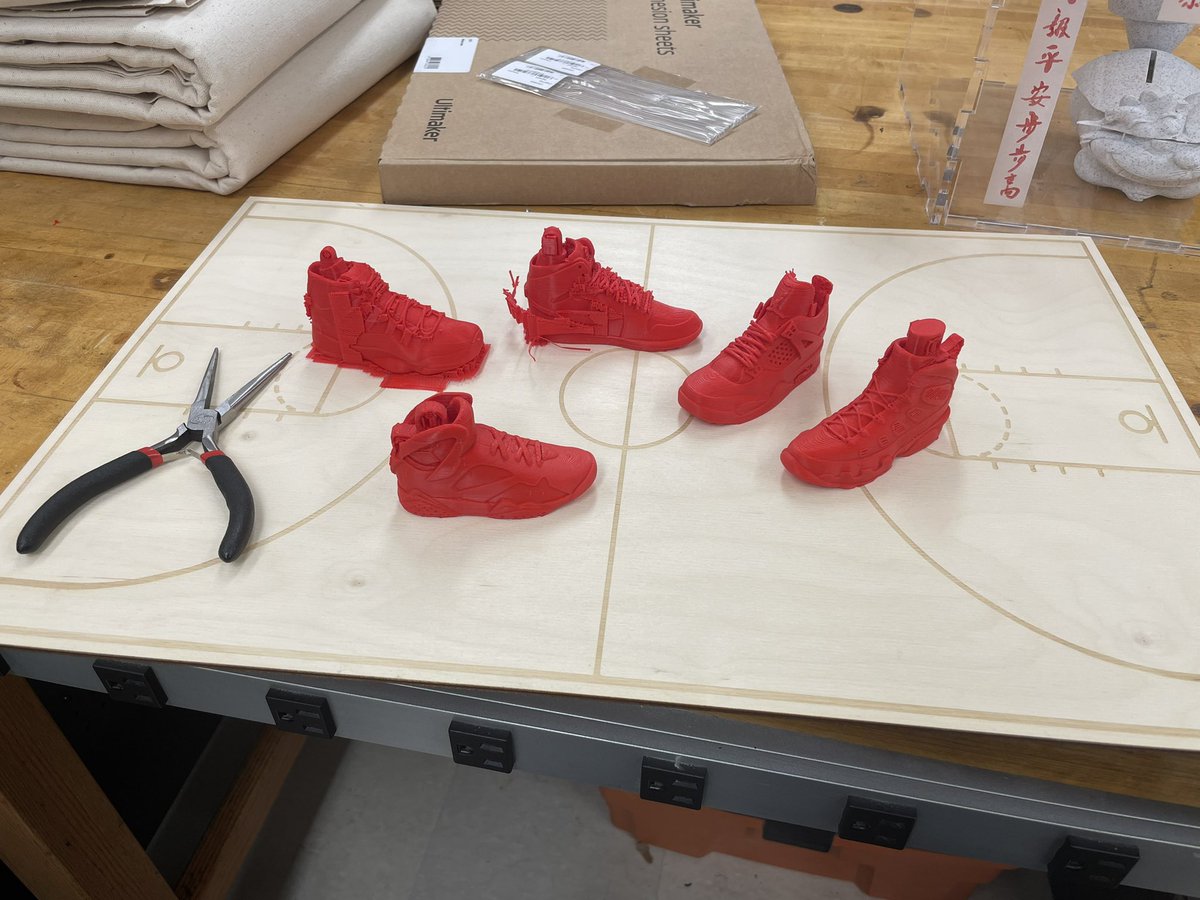 connorskorge's tweet photo. Learning that supports are first a friend and then a foe. Really happy with how my 3D printed Jordans are turning out! Shoutout to Kev, Elizabeth, and Gage! More to come! #PhysCompBC #BuiltWithProfG https://t.co/ncmetl7CSQ