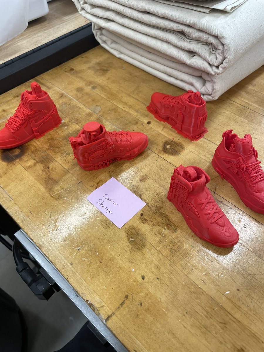 connorskorge's tweet photo. Learning that supports are first a friend and then a foe. Really happy with how my 3D printed Jordans are turning out! Shoutout to Kev, Elizabeth, and Gage! More to come! #PhysCompBC #BuiltWithProfG https://t.co/ncmetl7CSQ