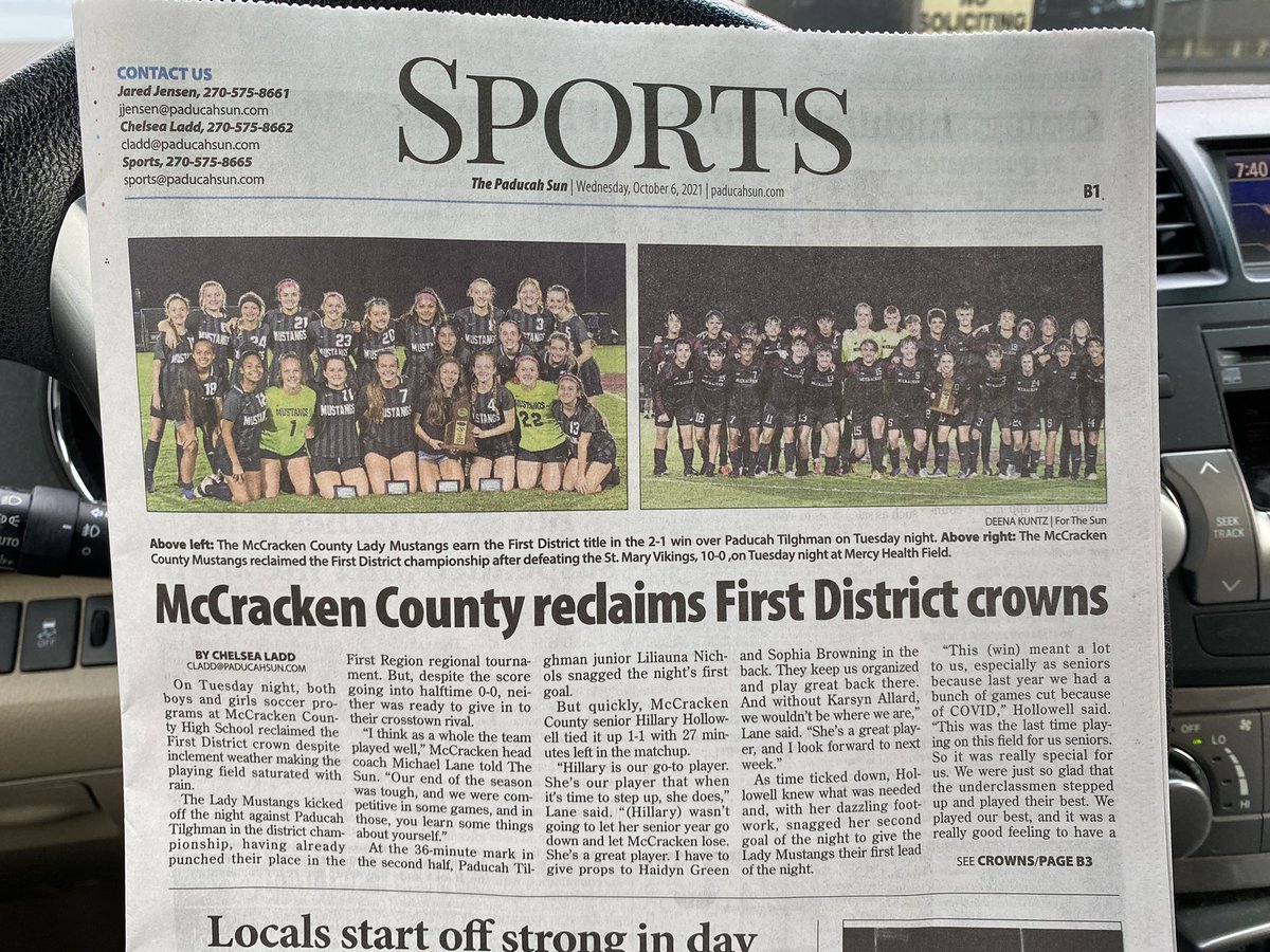 McCrackenMSOC's tweet photo. Thanks @chelseabrooke from @thepaducahsun for the article on the Men’s and Women’s First District Championship wins!!! @MCHSWSoccer @gomccracken @MCHS_ManeTale @McCrackenCounty @MCPSchools https://t.co/KdbbN6ozyF
