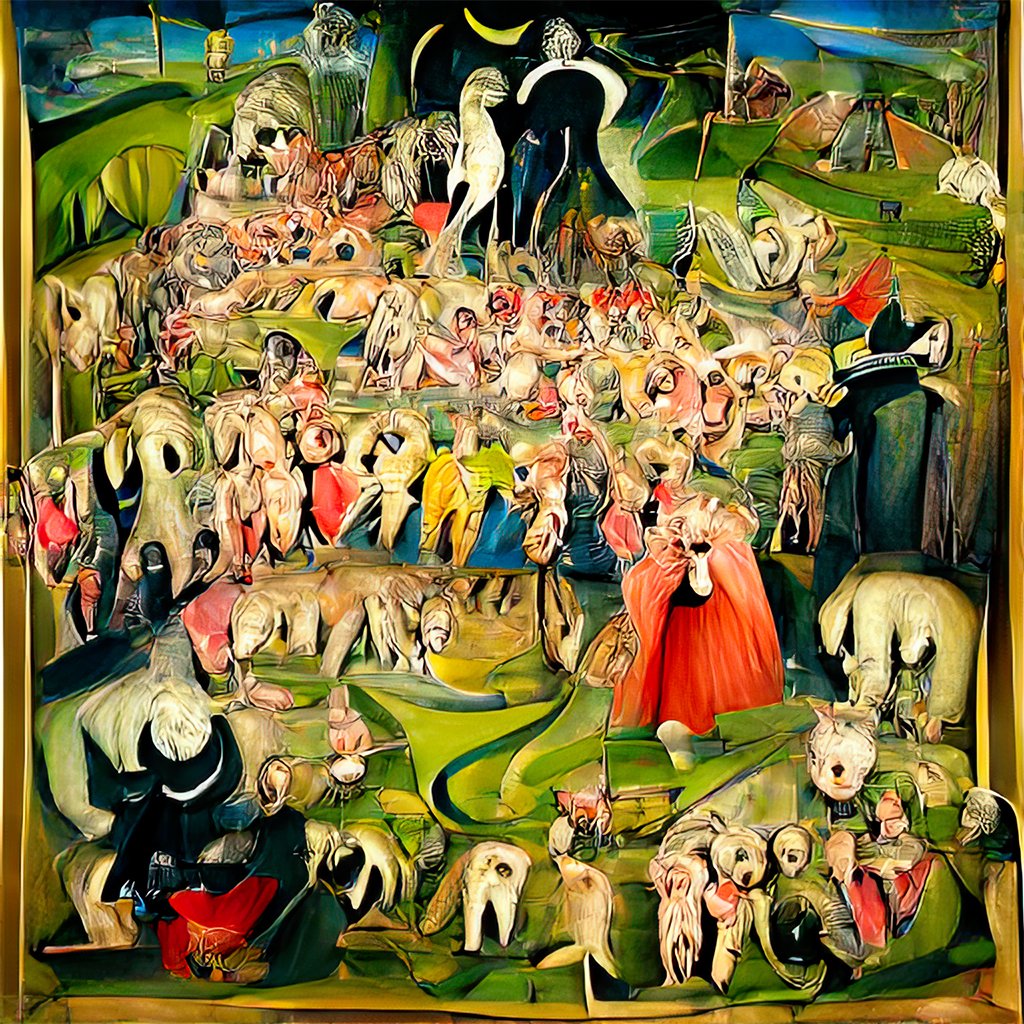 Just minted my first render for #hictober. This one was made from Hieronymus Bosch and the prompt of the day, "evil and vicious". 6 renders <a href="/hicetnunc2000/">h</a> in the oven now.

#nftart #generativeart #aiart #vqgan #clip