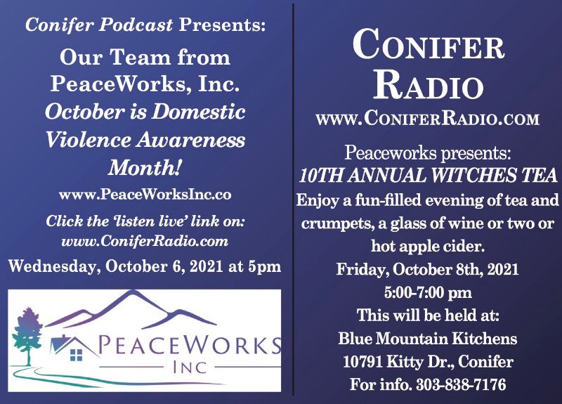 Starting in a few minutes, this week’s Conifer #Podcast featuring @PeaceWorksIncCO! Listen at ConiferRadio.com after 5pm. More info: mymountaintown.com/forum/30-busin… #DomesticViolenceAwarenessMonth #domesticviolenceawareness