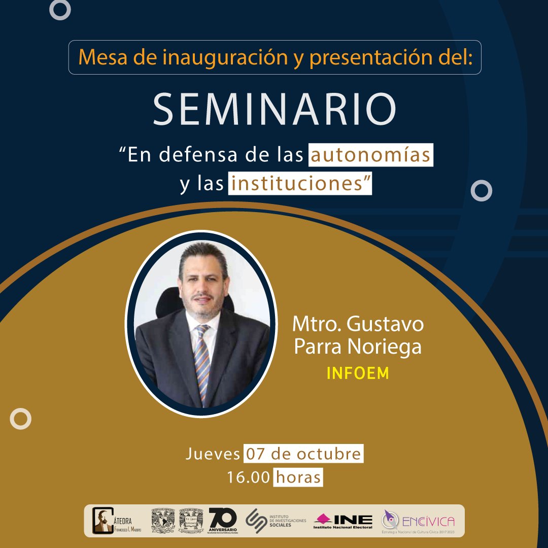 Nuestro Comisionado <a href="/lgparranoriega/">Gustavo Parra N</a>, participará en la mesa de inauguración y presentación del Seminario: "En defensa de las autonomías y las instituciones", evento convocado por <a href="/CatedraMadero/">Cátedra Francisco I. Madero</a>. 
🗓️ jueves, 7 de octubre 2021
⏰ 16:00 horas
✍️ Inscripción: bit.ly/3DlK563
