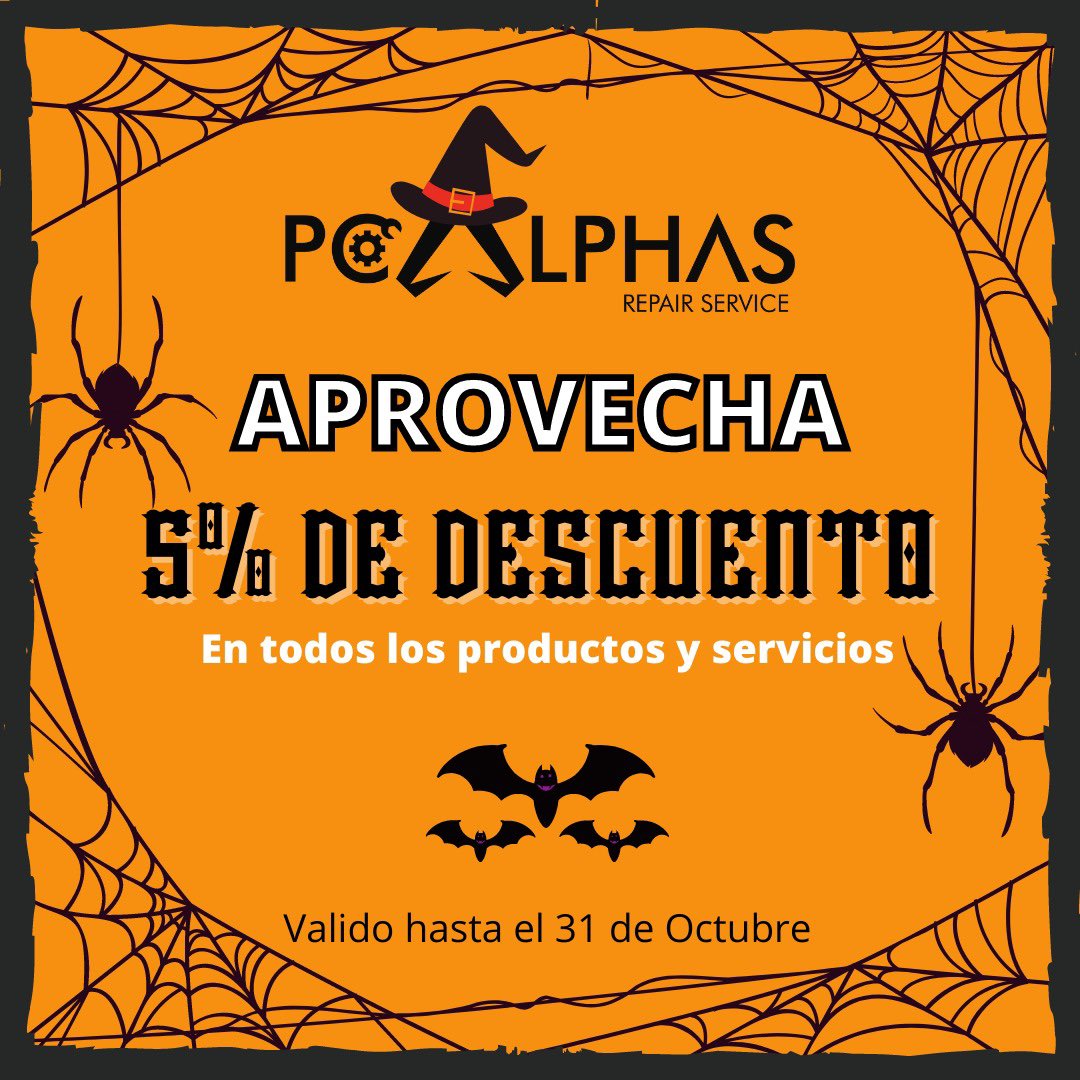 Este #Halloween, arma tu escalofriante Pc Gamer o compra tus accesorios y componentes con #PcAlphas 🎃👻

Con esta escalofriante promoción recibirás un 5% de descuento en la compra de cualquier producto o servicio brindado por nosotros🔥💀

¿Que esperas para mandarnos DM?