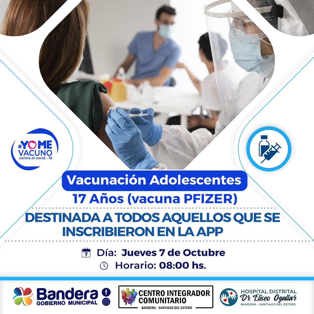 BanderaGM's tweet photo. #VacunaCOVID19
Destinada a jóvenes de 17 años que se inscribieron en la APP. 
Jueves 07/10 - CIC https://t.co/Xae7SZsJ5c