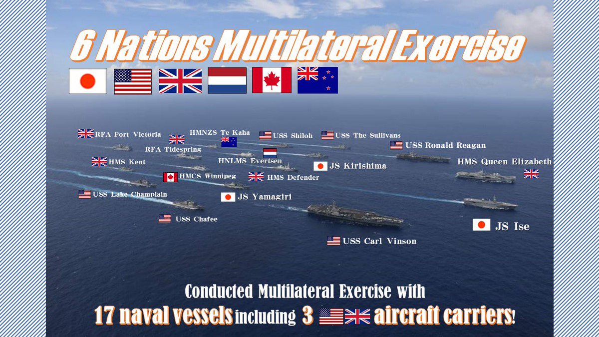 ModJapan_en's tweet photo. On October 2 &amp; 3, #JMSDF🇯🇵#JSIse #JSKirishima #JSYamagiri conducted🇯🇵🇺🇸🇬🇧🇳🇱🇨🇦🇳🇿multilateral exercise with vessels such as🇺🇸@USNavy @CVN70,@Gipper_76,#CSG21🇬🇧@RoyalNavy @HMSQNLZ, 🇳🇱@kon_marine,🇨🇦@RoyalCanNavy &amp;🇳🇿@NZNavy in the waters &amp; airspace around southwestern part of Okinawa! https://t.co/FaycNqchgd