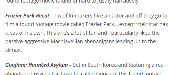 ShanePlays's tweet photo. "Frazier Park Recut" made the Good category of my found footage movie list. How would you rate it?
The Found Footage Movie List (Mostly Horror)
Currently at 117 entries!
https://t.co/gVmCSWfSyA
#movies #horrormovies #horror #foundfootage #foundfootagemovies #reviews #MovieReviews https://t.co/ThjVse5HNQ