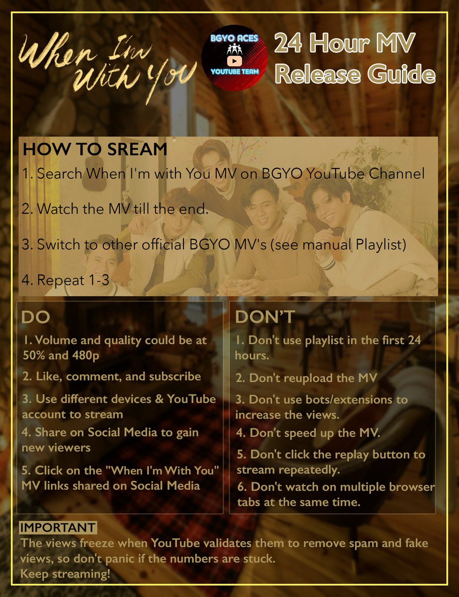 CherryBombaOT5's tweet photo. #BGYO | The Light Album | When I'm With You Music Video
Irie Thursday ACEs! Please refer to these reminders and guidelines from @bgyo_ph #FanbACEs @BGYOYoutubeTeam and @BGYO_Tracking. WE CAN DO THIS!π
#BGYO | @bgyo_ph https://t.co/YYxfFRNmdF