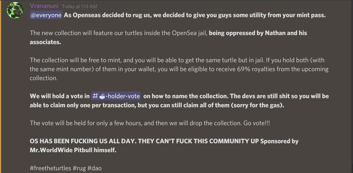 DAO_Turtles's tweet image. We will drop our second collection later tonight, it will be a free mint for all @DAO_Turtles holders.

If you don't have a turtle, spam @opensea to unfreeze our main collection already so we can moon 🚀

More info and voting for holders: discord.com/invite/dao-tur…

#FreeTheTurtles
