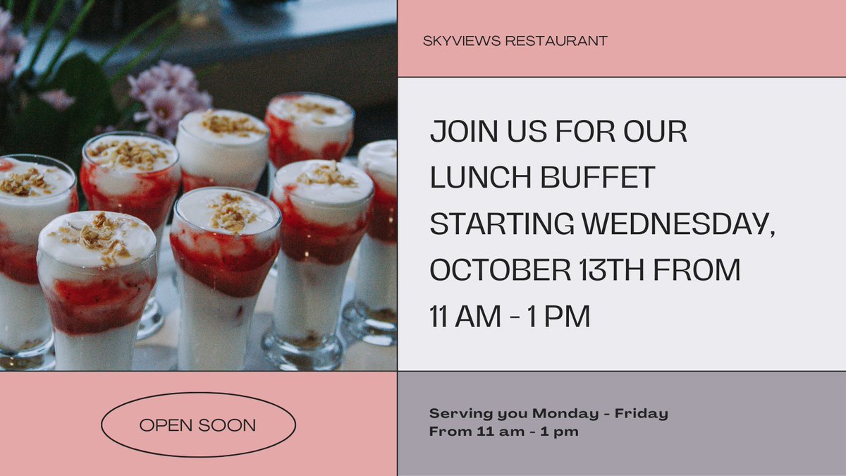 LUNCH SEASON IS HERE
Wednesday, October 13th from 11am - 1pm, will be the first day of our lunch buffet for the Fall semester. 
Menus will be posted soon.
Reservations are not required, but click here if you would like to make one! depts.ttu.edu/hs/hrm/skyview…