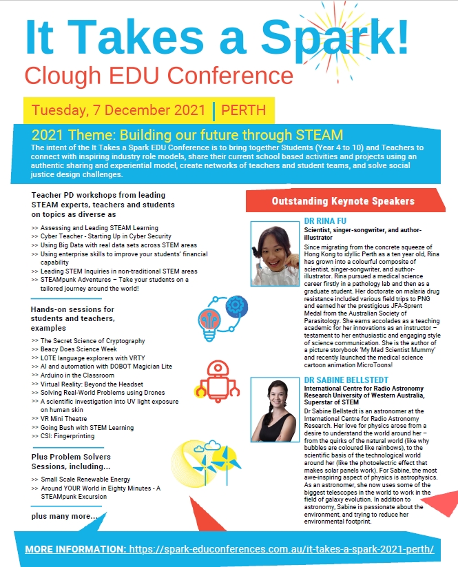 WA teachers and schools. If you haven't seen or heard of it yet ... we have an amazing STEAM day for students (Year 4 - 10) &amp; teachers happening at St Hilda's on Dec 7th. Early Bird reg ends Nov 3rd and we have scholarships to attend as well. spark-educonferences.com.au/it-takes-a-spa…