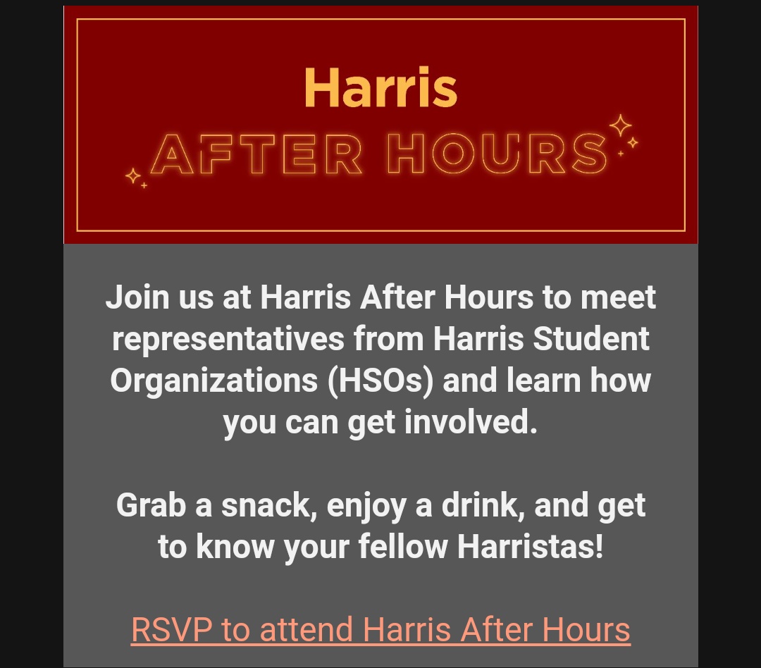 HSG_UChicago's tweet photo. We are hosting 2 important events tomorrow!

 12 - 1 pm - Info Session on HSG Elections &amp; Recruitment for Fall 21. Want to know how you could join HSG? Sign up @ https://t.co/IXf79L7JAh

 4 - 6 pm - Harris After Hours, with snacks, beverages &amp; HSOs! RSVP @ https://t.co/g1FuXh9Dza https://t.co/WKnZPFEGfm