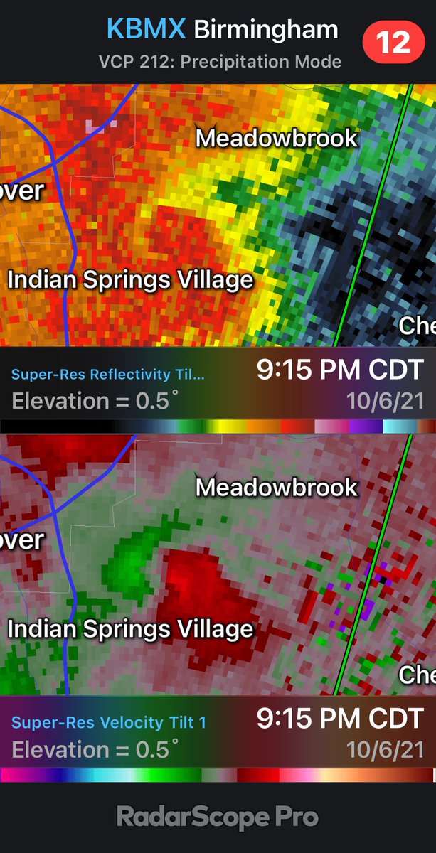 KBMX - Super-Res Reflectivity Tilt 1 9:15 PM CDT Super-Res Velocity Tilt 1 9:15 PM CDT #alwx embedded supercell with some rotation if a tornado warning is issued go to the lowest part of the house even though there is flooding