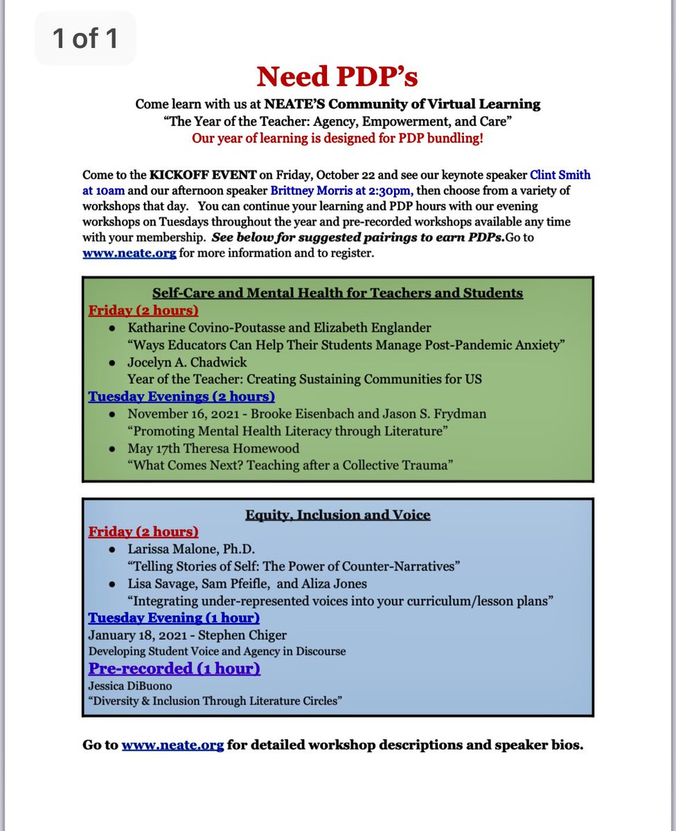 Is your NEATE membership active? Need PDPs for recertification? There are lots of ways to be involved all year long! Join us for the kickoff Oct. 22 - visit neate.org/neate-events #NEATE2021 #NCTEaffiliates