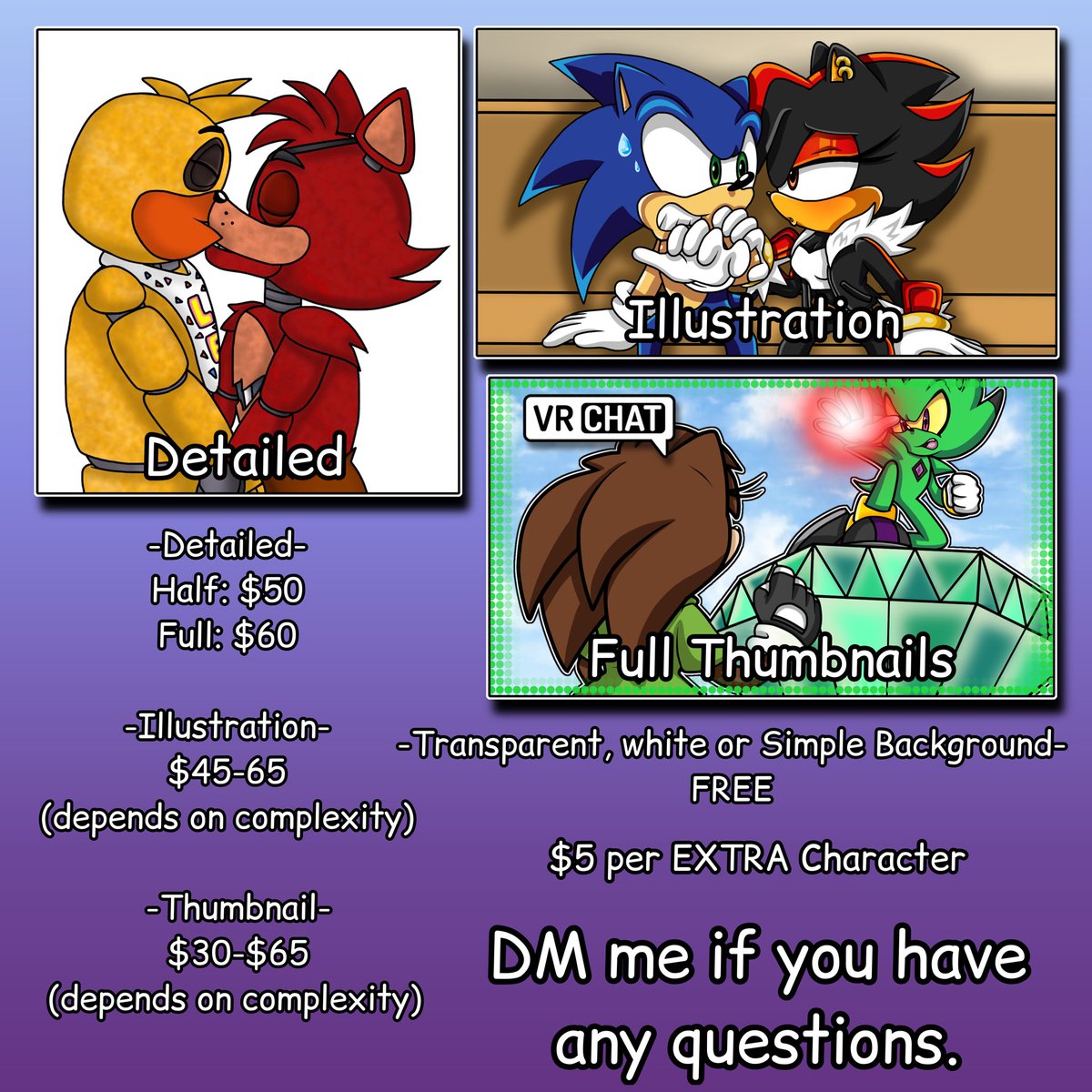 TheSevenMenaces's tweet photo. For SONIC YOUTUBERS, Iโm opening commissions temporarily. Aside from my art job, Iโm using these commissions specifically to save up for a gift!
My goal: $420!
If youโd like to help me with my goal, I can do character renders for videos, and thumbnails! 5 slots open for now https://t.co/o9EhfO1KXg