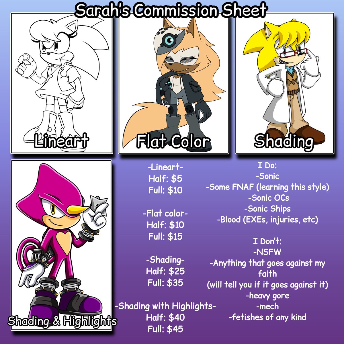 TheSevenMenaces's tweet photo. For SONIC YOUTUBERS, Iโm opening commissions temporarily. Aside from my art job, Iโm using these commissions specifically to save up for a gift!
My goal: $420!
If youโd like to help me with my goal, I can do character renders for videos, and thumbnails! 5 slots open for now https://t.co/o9EhfO1KXg
