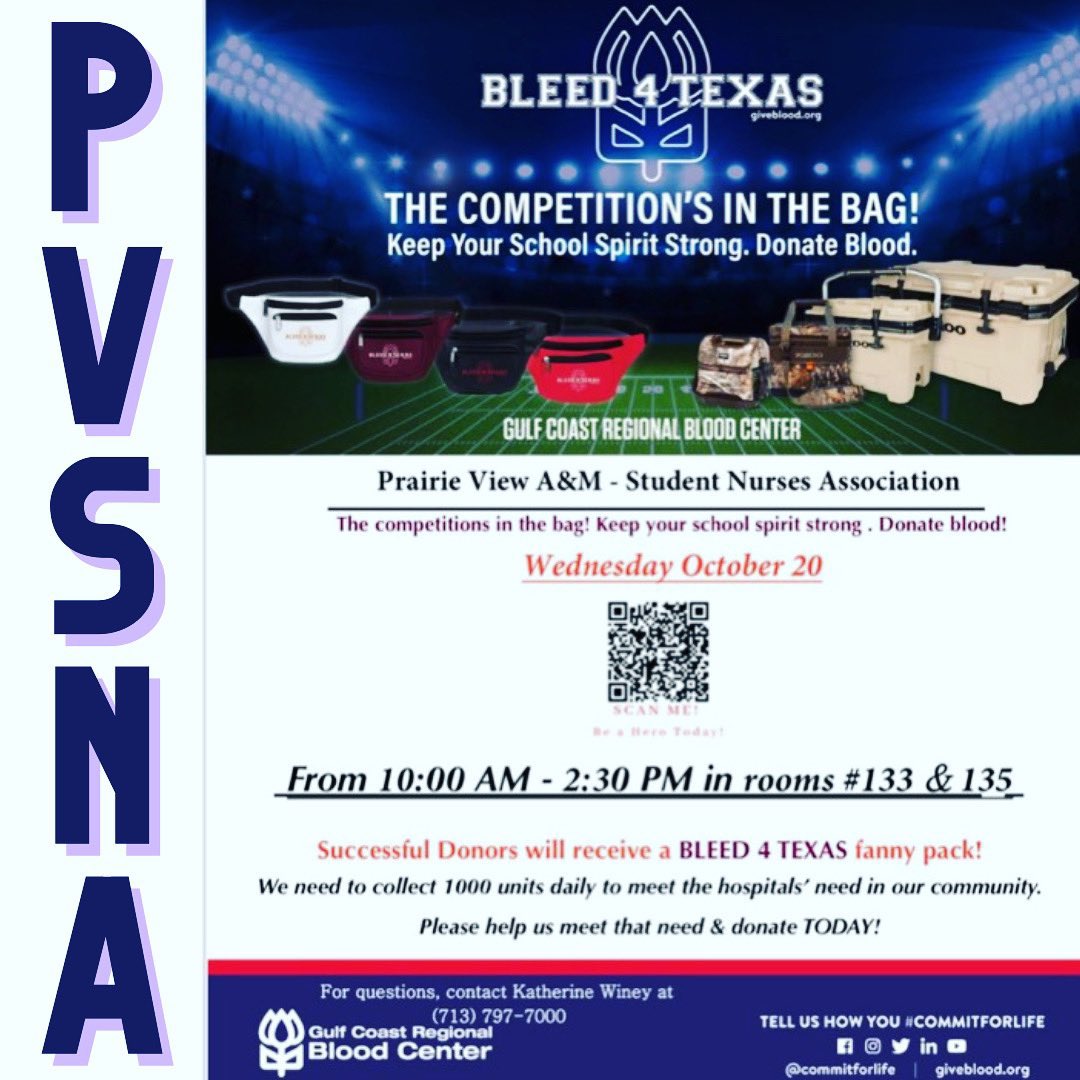 _shawtybynature's tweet photo. We are teaming up with the Gulf Coast Regional Blood Center to have a blood drive on Wednesday, October 20th from 10:30AM - 2:30PM in Rooms #133 &amp; #135! Please stop by and donate blood to meet the needs of our community! Successful donors will receive a BLEED 4 TEXAS fanny pack! https://t.co/tKJuStr73Y