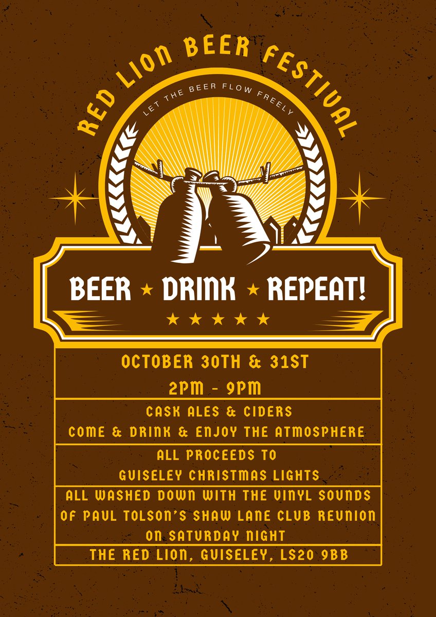 Come and join the Red Lion Guiseley, for their Beer Festival on Saturday 30th and Sunday 31st October between 2pm and 9pm. 🍻

All proceeds are donated to the Guiseley Lights CIC to help us keep Guiseley sparkling through Christmas. 🎄

For more info visit our Facebook page
