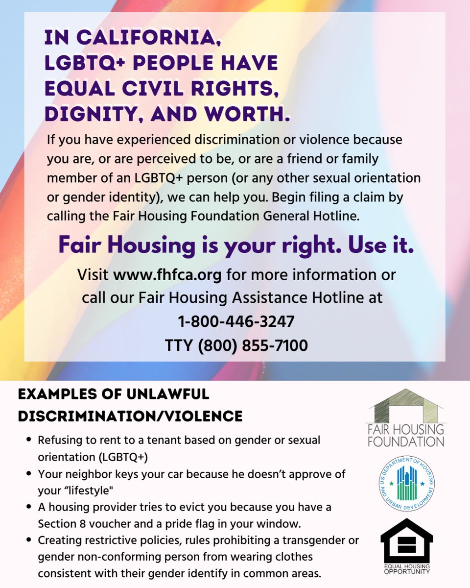 FairHousingFoun's tweet photo. Fair Housing is your right. Use it. Call the Fair Housing Foundation General Hotline at 1-800-446-3247 | TTY (800) 855-7100 or visit https://t.co/rMx3AGB2pS for more information.
.
.
.
#fairhousing #HUD #hudapproved #fhf #hotline #lgbtq #equalrights https://t.co/p8iVWMJUnW