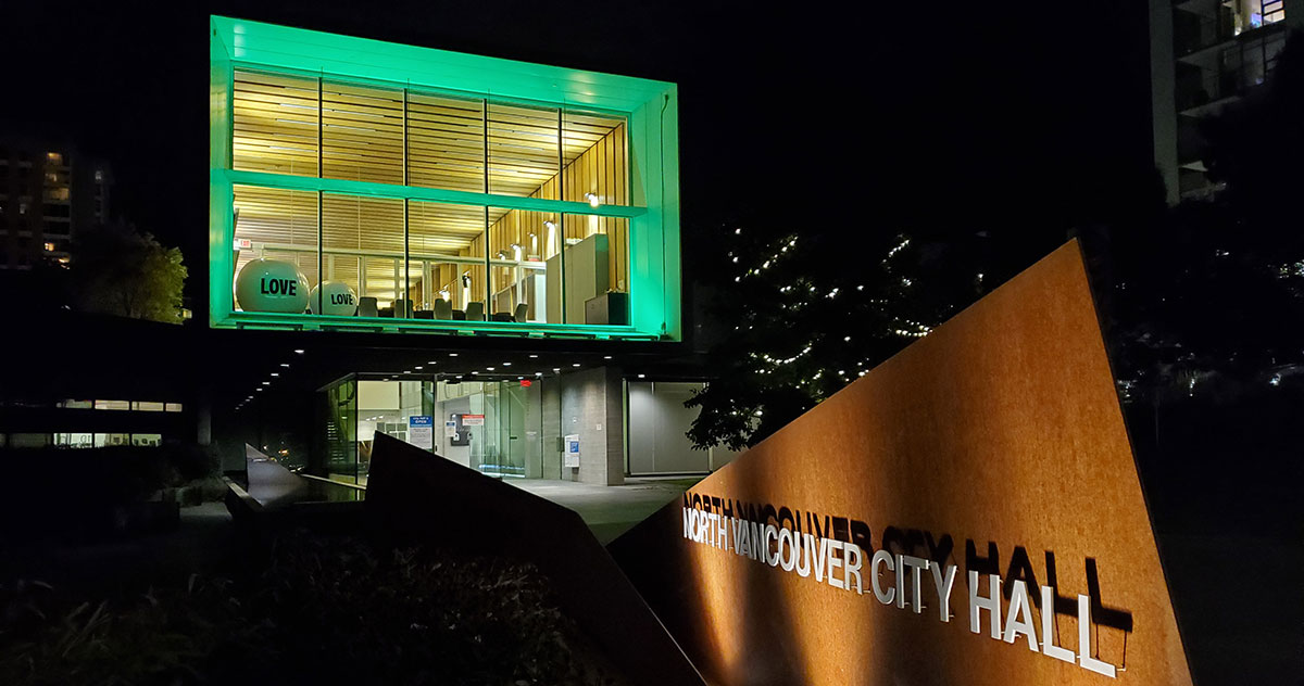 CityOfNorthVan's tweet photo. Tonight City Hall will light up green to raise awareness for cerebral palsy and support those living with CP in BC. #BC4CP @CerebralPalsyBC https://t.co/Rc2r9ySNDs