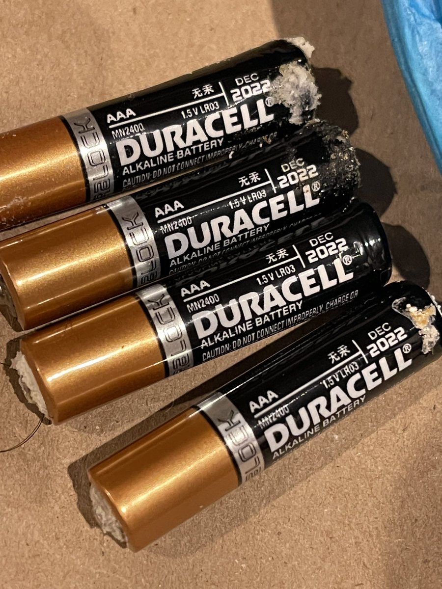 Re_MarkS's tweet photo. Several @Duracell AAA batteries corroded before their 10-year guarantee.  Some even before they were used. #Duracell #DuracellFail https://t.co/7Cahldhjv7