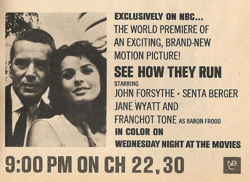 tvobscurities's tweet image. SEE HOW THEY RUN, considered the first made-for-TV movie on network TV in the United States, aired 57 years ago today in 1964 on NBC. It starred John Forsythe, Senta Berger, Jane Wyatt, Pamela Franklin, Franchot Tone, and Leslie Nielsen. #ClassicT #ForgottenTV #OldTV
