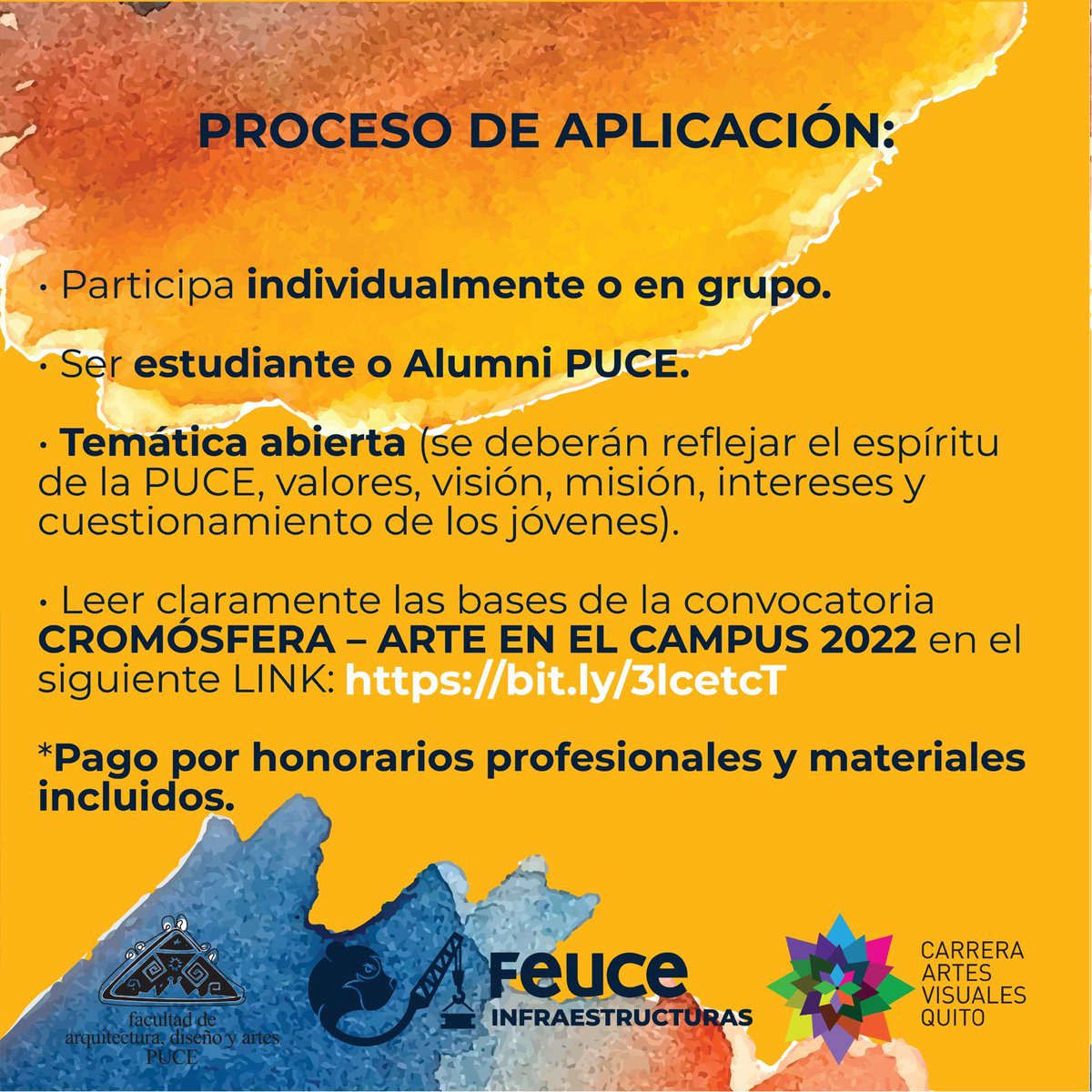 EducacionPUCE's tweet photo. #ULTIMAHORA|🔊 CROMÓSFERA - ARTE EN EL CAMPUS 2021-2022 👩🏻‍🎨

Participa para pintar uno de los 5 murales en distintos sitios de la PUCE.

📌Envíanos tu propuesta hasta el 28 DE NOVIEMBRE al correo 👉🏼comfeuce@puce.edu.ec 

#PUCE #FCIED #FEUCE https://t.co/ZZFLVacGOA