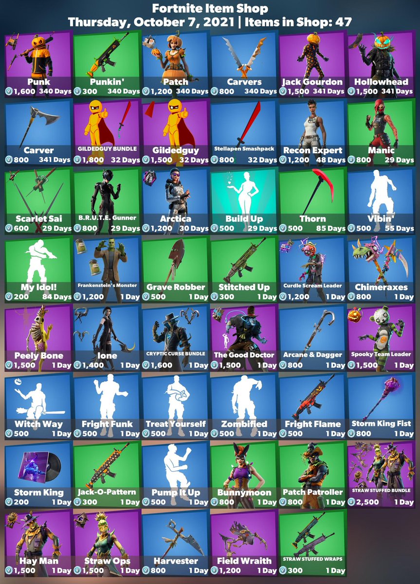 FortLeaksNews's tweet photo. Fortnite Item Shop🛒 (October 7th 2021) 

Use Code: FLNEWS 

#Fortnite #FortniteChapter2 #FortniteSeason7 #FortniteLeaks #fortniteitemshop #fyp #FortniteInvasion #FortniteNews #Fortniteshop #EpicGames #EpicPartner #FortniteBR #itemshop #shop #BattleRoyale #Fortniteleak #leaks https://t.co/P08Adu2uNN