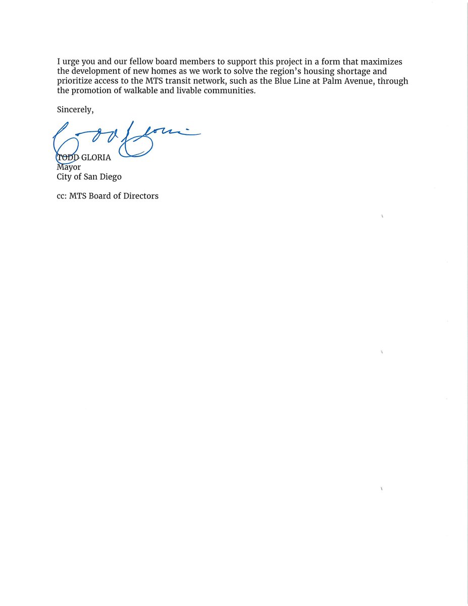 The Palm City Village project proposed for a <a href="/sdmts/">San Diego MTS</a> parking lot on Palm Ave is transit-oriented development delivering 390 homes for low and middle-income San Diegans. These are the types of projects we need! I've sent this support letter to MTS Chair @SupFletcher. #ForAllofUs