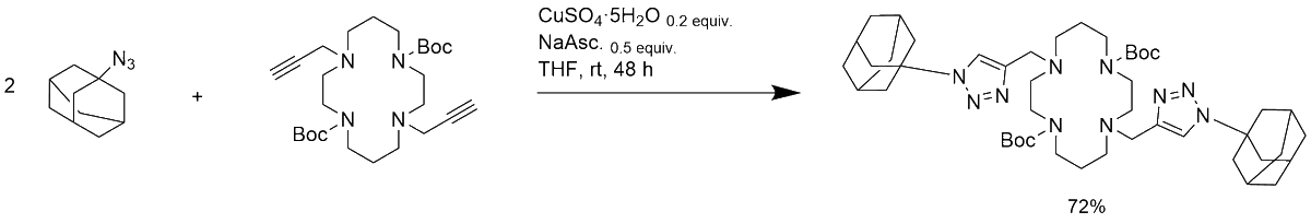 OpenSourceTB's tweet photo. As mentioned, we wanted to try #adamantane as a hydrophobic pendant group on cyclam. Our proposed route was a click-coupling reaction between the bis-propargylated cyclam and azide-functionalised adamantane.
#OpenSourceDrugDiscovery #OpenSourceTB #DrugDiscovery #ChemTwitter https://t.co/jTBOtPHpgP