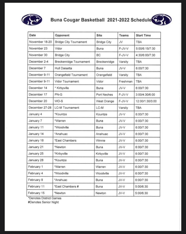 2021 -2022 Basketball Schedule