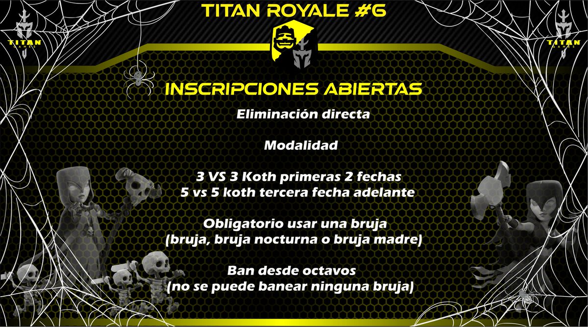🏆INSCRIPCIONES ABIERTAS🏆
              Titan Royale # 6

Premio: 20 US
📝64 equipos
⚔️Eliminación directa⚔️

Requisitos:
📌Seguirnos
📌Dar ❤️ y  🔁 a la publicación
📌Etiquetar 3 equipos.
📌Conseguir 5 Retweet.

MD con requisitos cumplidos!

#ClashRoyale
#TitanGames